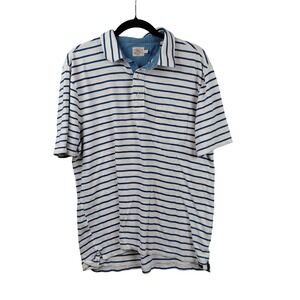 Faherty Mens Large Indigo Striped Short Sleeve Polo Shirt Cotton White Blue